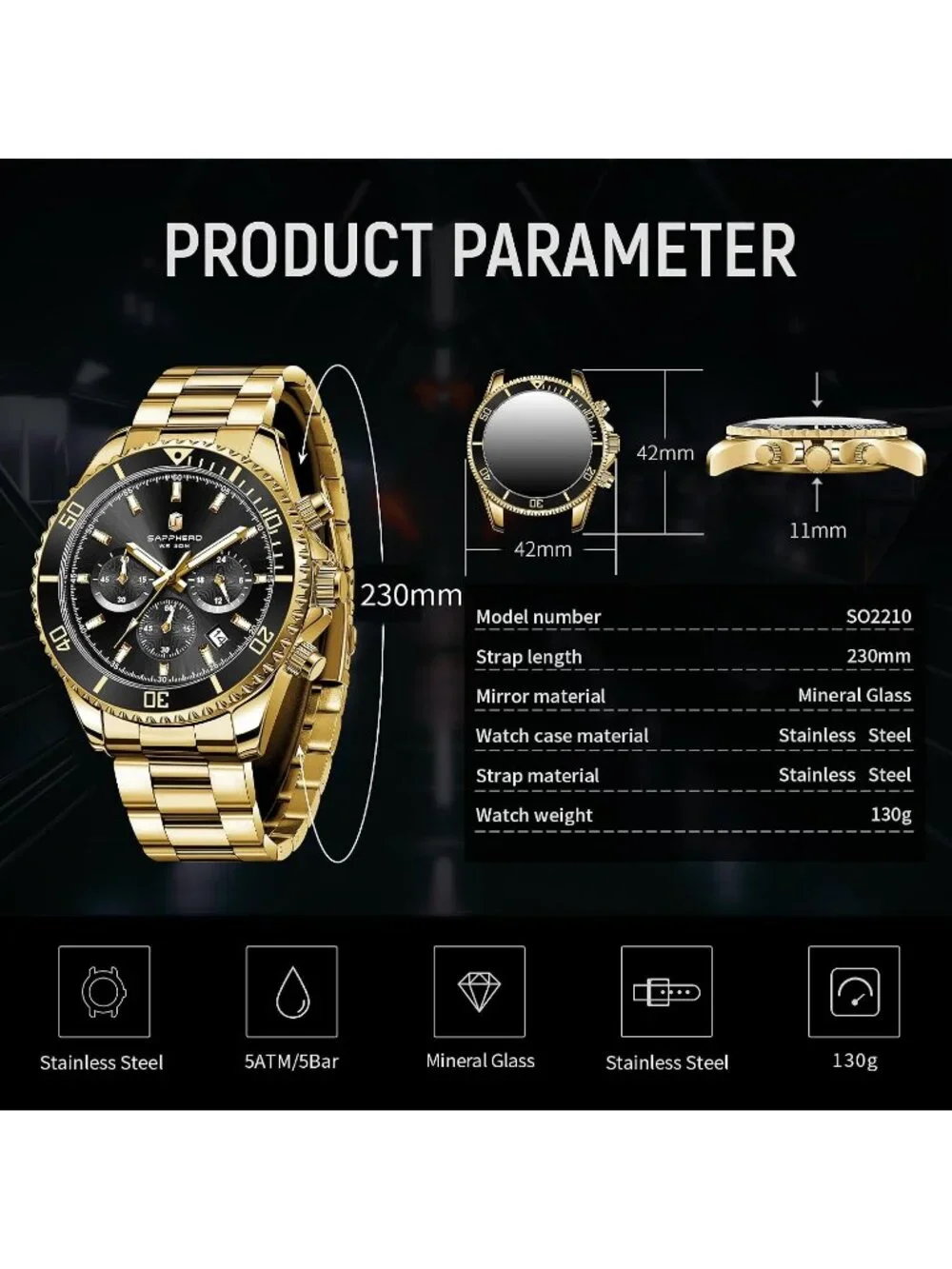 Men's Gold Strap Black Face Chronograph Stainless Steel Waterproof Wrist Watches